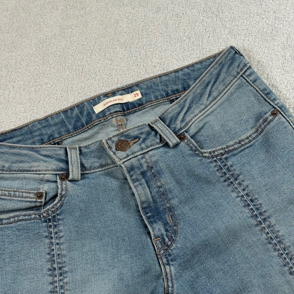 Levis Superlow Women Boot Cut Jeans Blue Seam Detail Split Hem W29 L32 A8707-000
